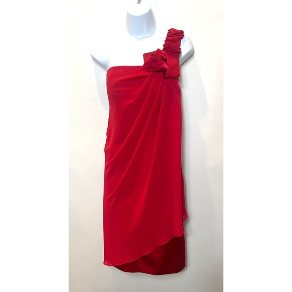 Max & Cleo Crimson Red One Shoulder Dress Ruffle Bow Sheer Overlay Size 10 - Picture 3 of 11